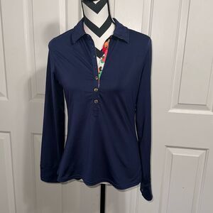 Fairway & Greene Navy Long Sleeve Polo with Floral Placket
